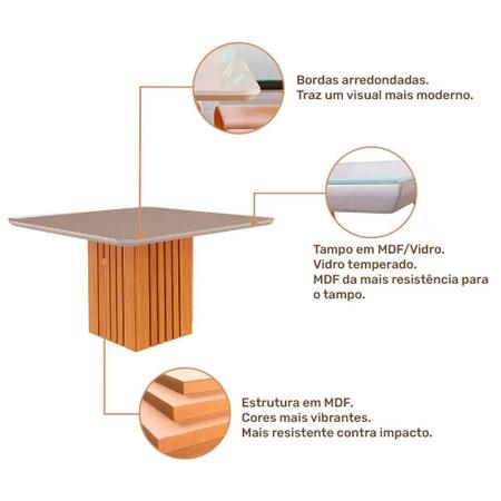 Imagem de Mesa de Jantar Ana Quadrada 1 Tampo em MDF e Vidro 130cm 1 Base Cozinha Moderna Marrom Off White - Cimol