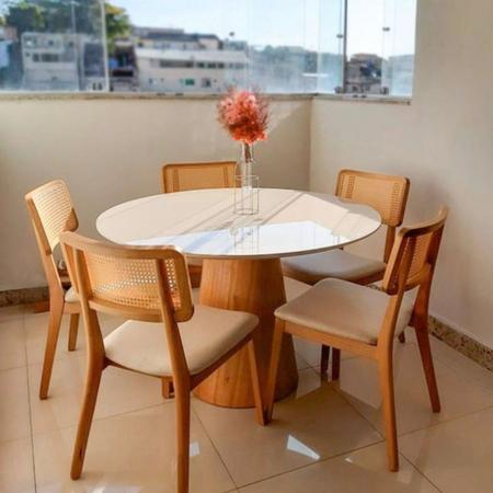 Imagem de Mesa de Jantar Cone Redonda 160 cm Base Madeira Freijó Tampo Laqueado Branco