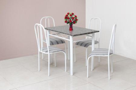Imagem de Mesa de Jantar de cozinha com 4 Cadeiras tampo Granito verdadeiro Madrid 1.00m em aço cor Branca