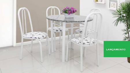 Imagem de Mesa de Jantar de cozinha com 4 Cadeiras tampo redonda Granito verdadeiro Madrid 90cm em aço Branca brilho