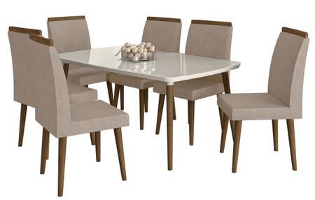 Conjunto Mesa Jantar com 06 Cadeiras Diamante RV Móveis Cinamomo/Off  White/Pena Caramelo