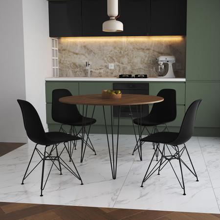 Imagem de Mesa de Jantar Redonda 90cm Amêndoa Clips 3 Pés com 4 Cadeiras Eames Eiffel Pretas Ferro Preto