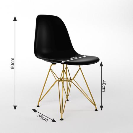 Imagem de Mesa de Jantar Redonda 90cm Preta Clips 3 Pés com 4 Cadeiras Eames Eiffel Brancas Base Dourada