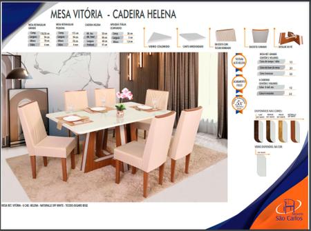 Imagem de Mesa de jantar Vitoria com tampo de vidro e 6 cadeiras Helena estofadas com espuma D23