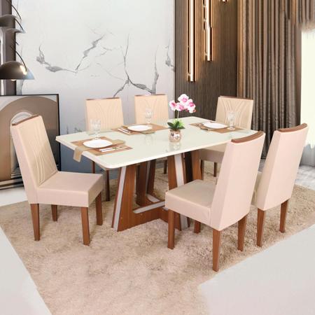Imagem de Mesa de jantar Vitoria com tampo de vidro e 6 cadeiras Helena estofadas com espuma D23
