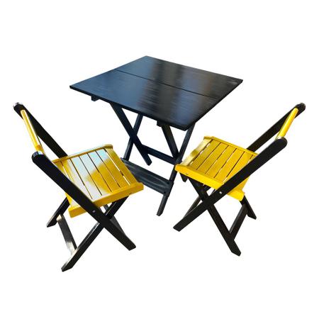 Imagem de Mesa de Madeira Dobrável Preto 70x70 com 2 Cadeiras Dobráveis Amarelo