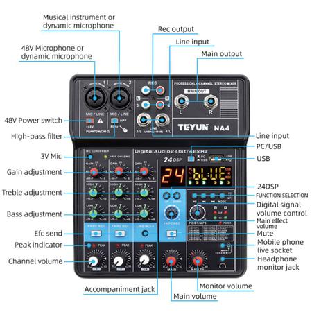 Imagem de Mesa De Som 4 Canais Placa De Som Mixer de Áudio Profissional Bluetooth Teyun NA4 24 Efeitos 48V