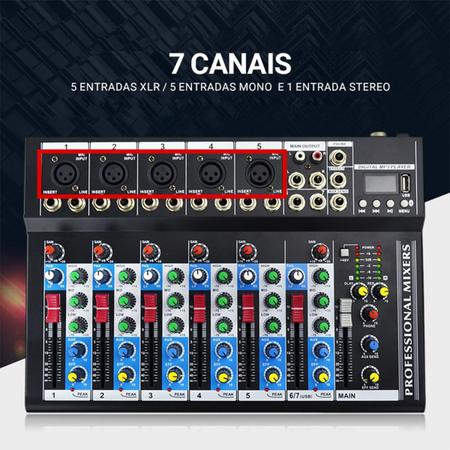 Imagem de Mesa de Som 7 Canais Profissional Equalizador Bluetooth Usb Placa de Som Interface de Áudio Mixer