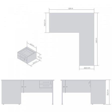 Imagem de Mesa em L para Escritório 2 Gavetas 136cmx160cm Style Plata Móveis
