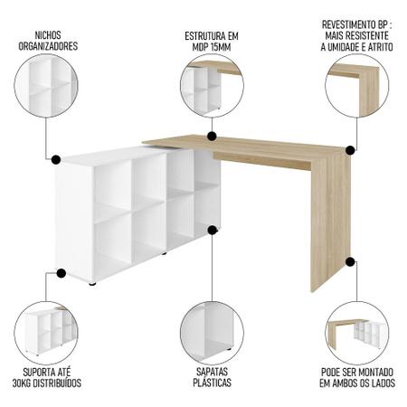 Imagem de Mesa Escrivaninha em L Eron e Estante Livreiro Maly A06 Branco/Carvalho - Mpozenato