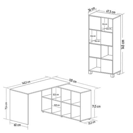 Imagem de Mesa Escrivaninha em L Eron e Estante Livreiro Maly A06 Branco/Carvalho - Mpozenato