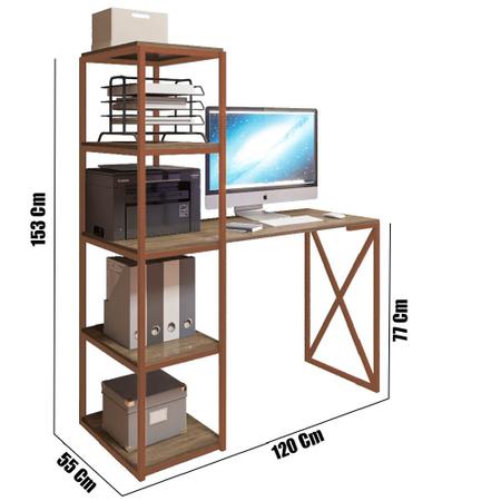 Imagem de Mesa Escrivaninha Max BeX Escritório com 5 Prateleiras Estante de Livros Ferro Bronze Tampo Madeira - Ahz Móveis