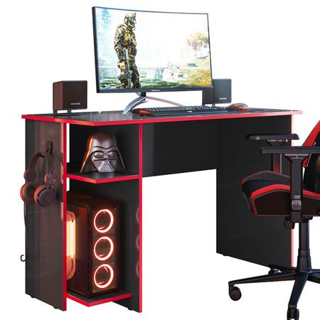 Imagem de Mesa Gamer 2 Prateleiras Preto Fosco/Vermelho 3875 - Qmovi