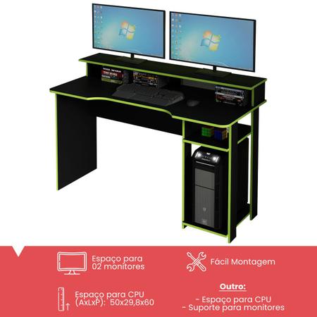 Imagem de Mesa Gamer Ideal para 2 Monitores Preto/Verde Me4153 - Tecno Mobili