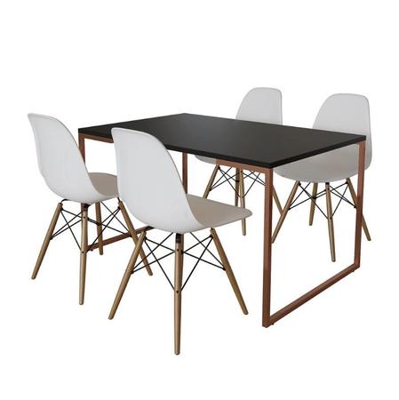 Imagem de Mesa Industrial Base Ferro Cobre Tampo 137x90 Preto 4 Cadeiras Eames Madeira Assento Branco