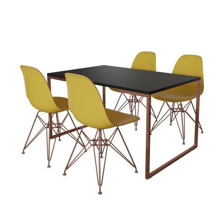 Imagem de Mesa Industrial Base Ferro Cobre Tampo 137x90 Preto 4 Cadeiras Ferro Cobre Assento Amarelo