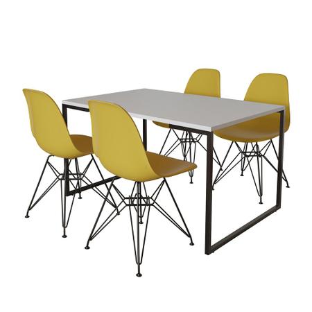 Imagem de Mesa Industrial Base Ferro Preto Tampo 137x90 Branco 4 Cadeiras Ferro Preto Assento Amarelo