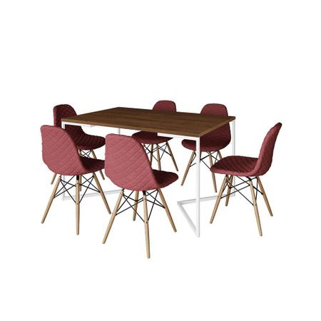 Imagem de Mesa Industrial Retangular Amêndoa Base V Aço Branco 137x90cm 6 Cadeiras Madeira Estofadas Vermelhas
