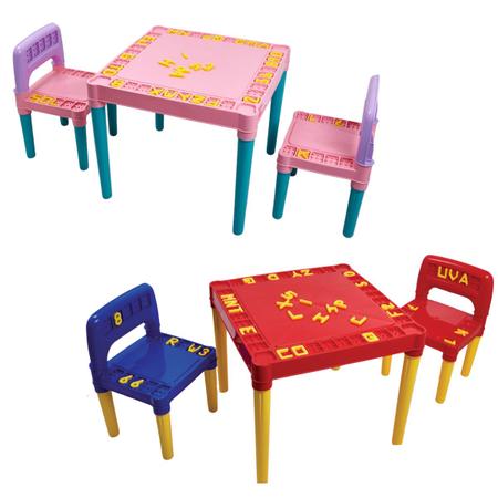 Imagem de Mesa Infantil Educativa  Didática Conjunto Mesa e 2 Cadeiras Recreação Plástico Colorida Atividades Estudo Brincar Escola 