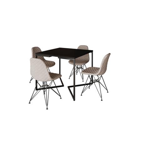 Imagem de Mesa Jantar Industrial Base V 90cm Quadrada Preta C/ 4 Cadeiras Ferro Preto Eames Estofada Nude Clar