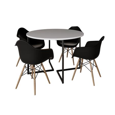 Imagem de Mesa Jantar Industrial Branca 110cm Redonda Base V Ferro Preto com 4 Poltronas Eiffel Pretas Madeira