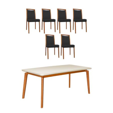 Conjunto de Jantar Amélia C/ Mesa de Jantar 160cm x 90cm C/ Tampo em Laca e  Vidro Off White / Castanho + 6 Cadeiras C/ Encosto Linho Cinza / Castanho -  attraktiva