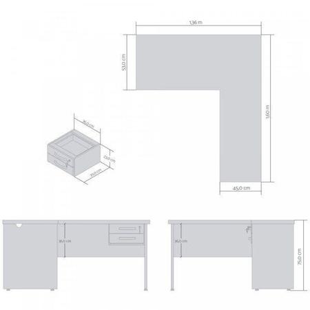 Imagem de Mesa para Escritório em L 2 Gavetas 136cmx160cm Kit Max Plata Móveis