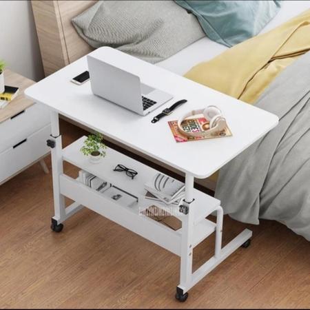 Imagem de Mesa para notebook altura ajustavel home office cama rodinhas e 2 prateleiras multiuso branca