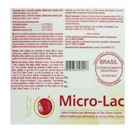 Imagem de Micro -Lac Aditivo Probiótico Para Cães Gatos Equínos 15g Kit Com 5