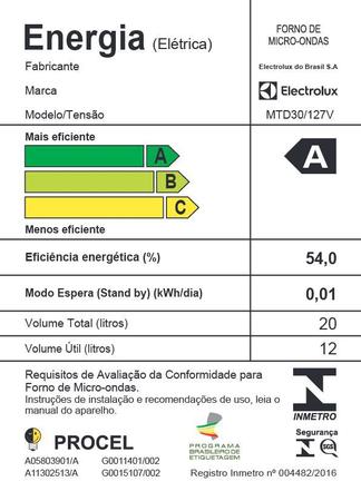 Imagem de Micro-ondas Electrolux 20L Branco Painel Seguro e Display Digital (MTD30)