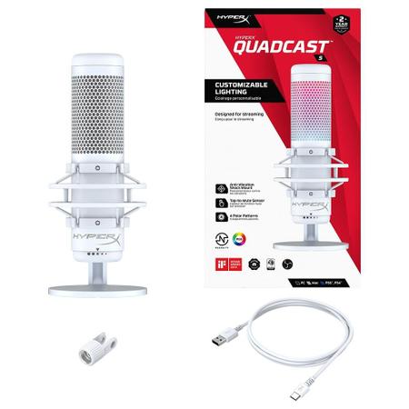 Imagem de Microfone Gamer HyperX QuadCast S Podcast, Antivibração, LED RGB, USB, Compatível com PC, PS4 e Mac, Branco - 519P0AA