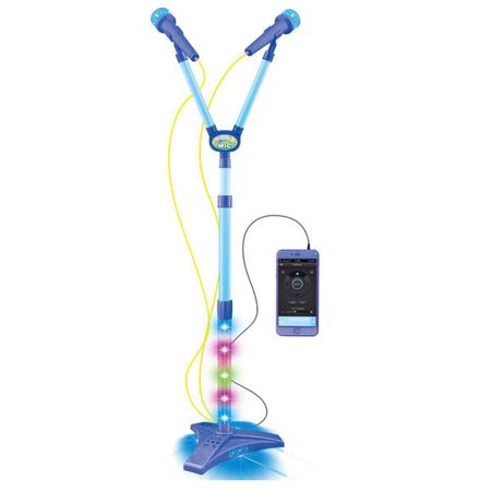 Imagem de Microfone Karaokê infantil com 2 Microfones e Pedestal  Com Leds Conecta Celular (Azul)