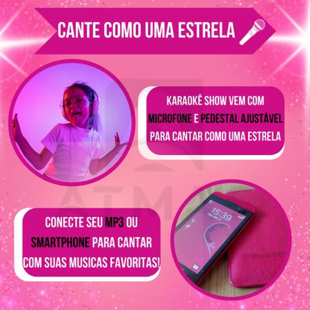 Microfone Infantil Brinquedo para Criança com Pedestal e conexão Mp3 para  Menina - Cor Rosa - Glumi