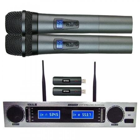 Imagem de Microfone Sem Fio Vokal Vlr 502 Duplo UHF +  Espuma + Par de Bateria Extra