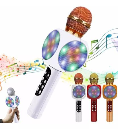 Microfone Speaker Karaoke Usb Led Bluetooth Dourado - Altomex Imagem de Microfone Speaker Karaoke Usb Led Bluetooth Dourado