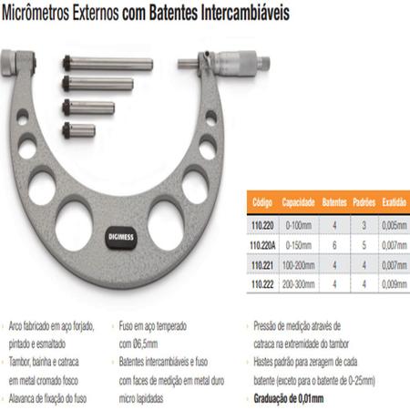 Imagem de Micrômetro Externo Com Batentes Intercambiáveis - Cap. 0-100 mm - Graduação De 0,01mm - Ref. 110.220 - DIGIMESS