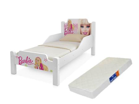 Imagem de Mini cama branca com adesivo da barbie proteção lateral colchão incluso