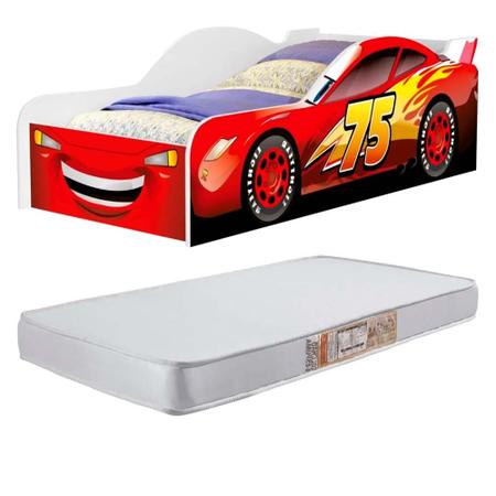 Mini Cama Infantil Carro de Corrida Vermelho + Colchão e Protetor