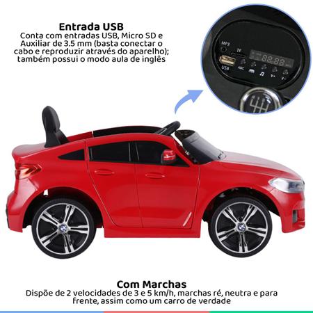 Mini Carro Elétrico Infantil Criança BMW 6 GT 12V 3 Anos A 30Kg Luz Música  MP3 Controle Vermelho Belfix - Baby&Kids