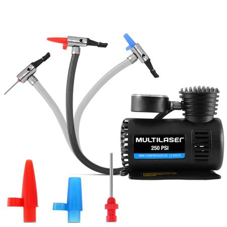 Imagem de Mini Compressor Ar Automotivo Multiuso 12V 250 PSI Manômetro 3 Bicos Pneu Bola Multilaser AU601