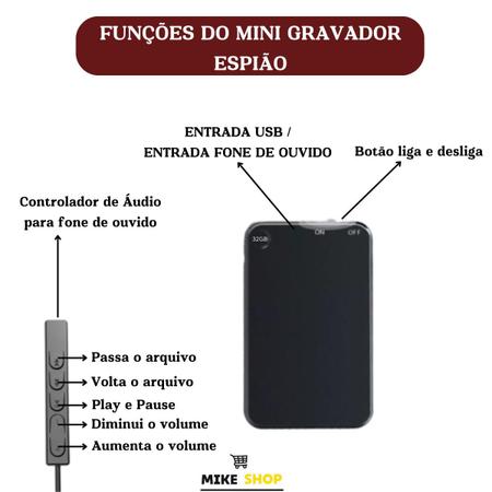 Imagem de Mini Gravador Voz Som Espiao Espia Micro Escuta 32gb