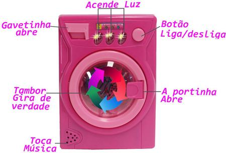 Imagem de Mini Máquina De Lavar Eletrônica Musical 2 Cabides Acende Luz Lavadora Infantil Menina Rosa Branca Modelo ZP00248 Original Zoop Toys