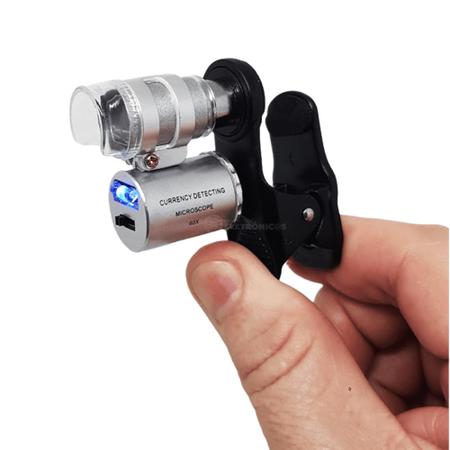 Imagem de Mini Microscópio Lupa Clip Para Celular Smartphone Lente Zoom 60x Com 2 Led Branco E 1 Uv 9882W