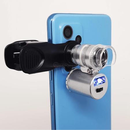Imagem de Mini Microscópio Lupa Clip Para Celular Smartphone Lente Zoom 60x Com 2 Led Branco E 1 Uv 9882W