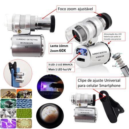 Imagem de Mini Microscópio Lupa Clip Para Celular Smartphone Lente Zoom 60x Com 2 Led Branco E 1 Uv 9882W3