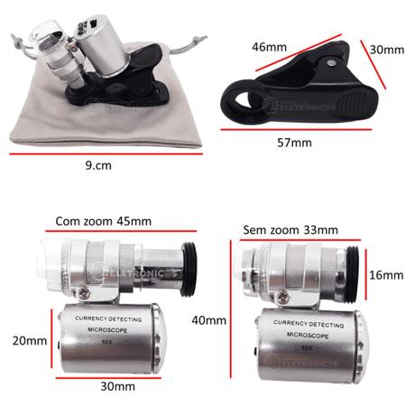 Imagem de Mini Microscópio Lupa Clip Para Celular Smartphone Lente Zoom 60x LED UV, Anti-falsificação 9882W