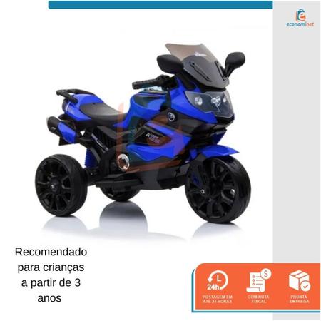 Imagem de Mini Moto Elétrica Infantil Triciclo Criança Motorizado Luxo MP3 USB Luz e Som Bateria 12V Bivolt Até 25kg Azul