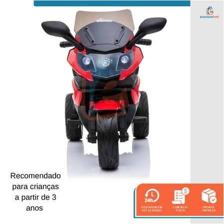 Imagem de Mini Moto Elétrica Infantil Triciclo Criança Motorizado Luxo MP3 USB Luz e Som Bateria 12V Bivolt Até 25kg Vermelho