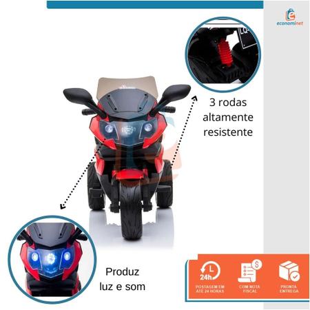 Imagem de Mini Moto Elétrica Infantil Triciclo Criança Motorizado Luxo MP3 USB Luz e Som Bateria 12V Bivolt Até 25kg Vermelho