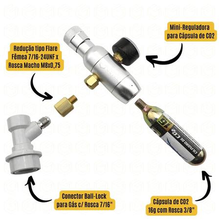 Imagem de Mini-Reguladora de CO2 com Manômetro + Ball-Lock de Gás + Cápsula CO2